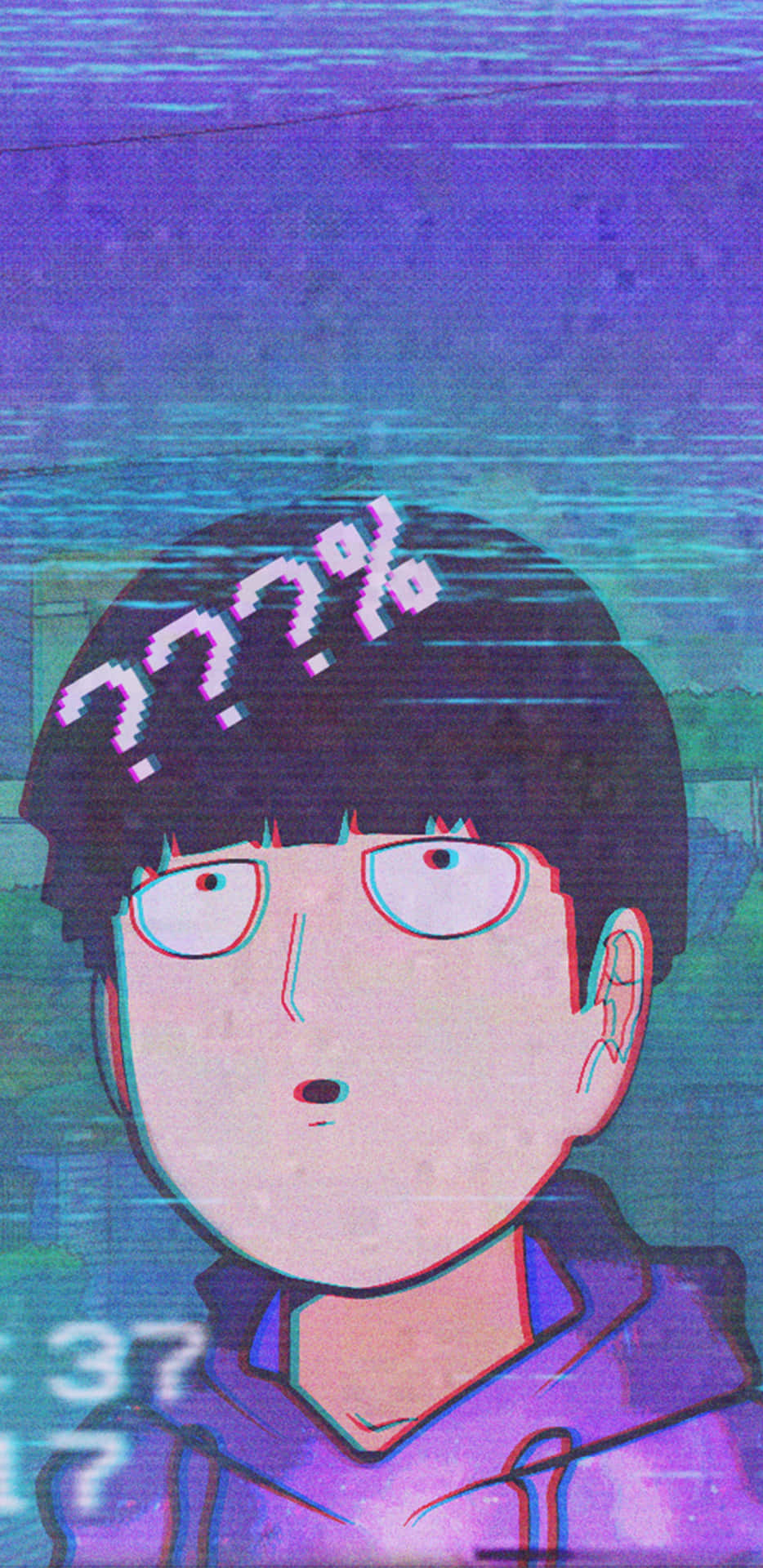 動漫角色，頭頂有問號，採用故障數位風格