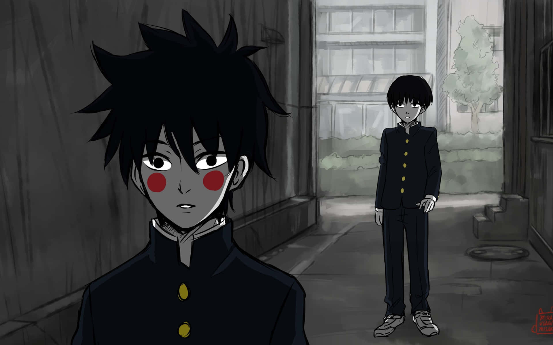 《靈能百分百》鈴木與影山圖 壁紙 — 兩個穿著校服的動漫男孩站在昏暗的小巷中，一個臉頰上有紅色印記，直視前方，另一個在背景中。