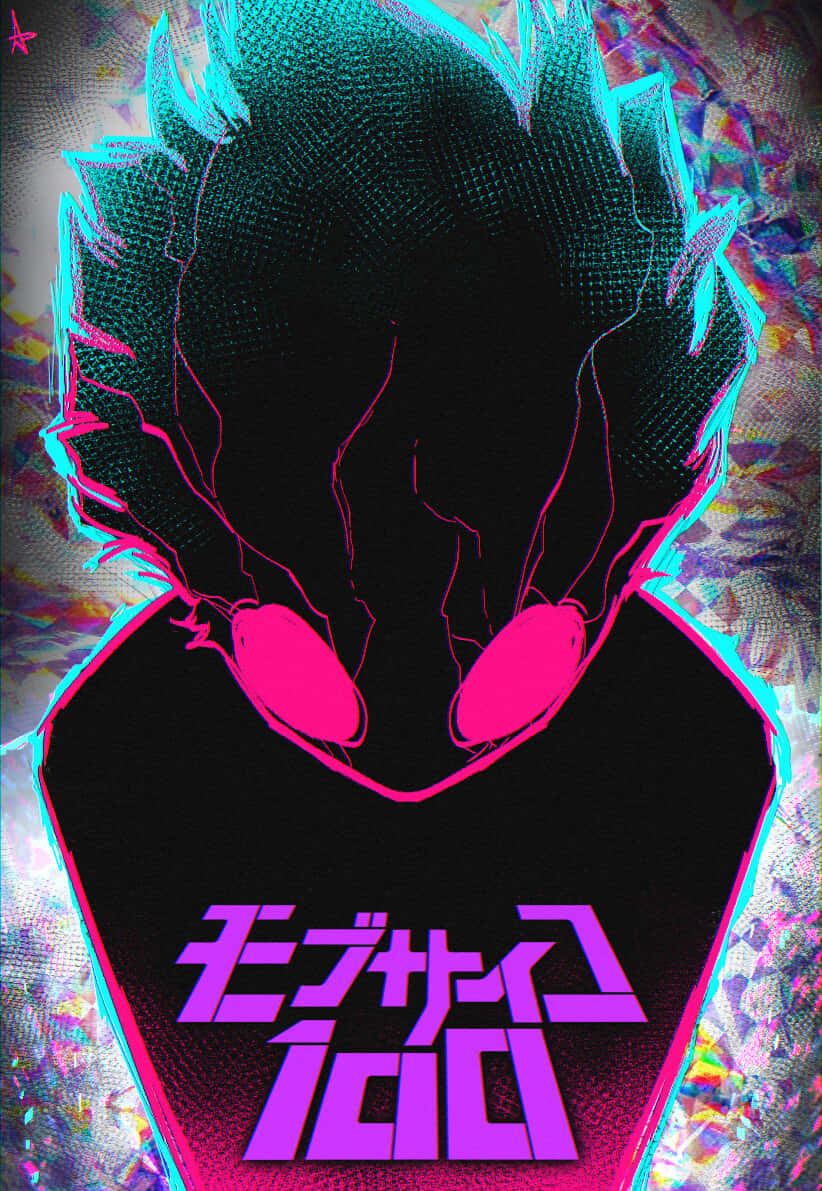 《靈能百分百》驚艷畫面 壁紙 — 一個風格化的動漫角色剪影，帶有發光的粉紅色眼睛和青色頭髮輪廓，背景是故障風格的彩色背景。