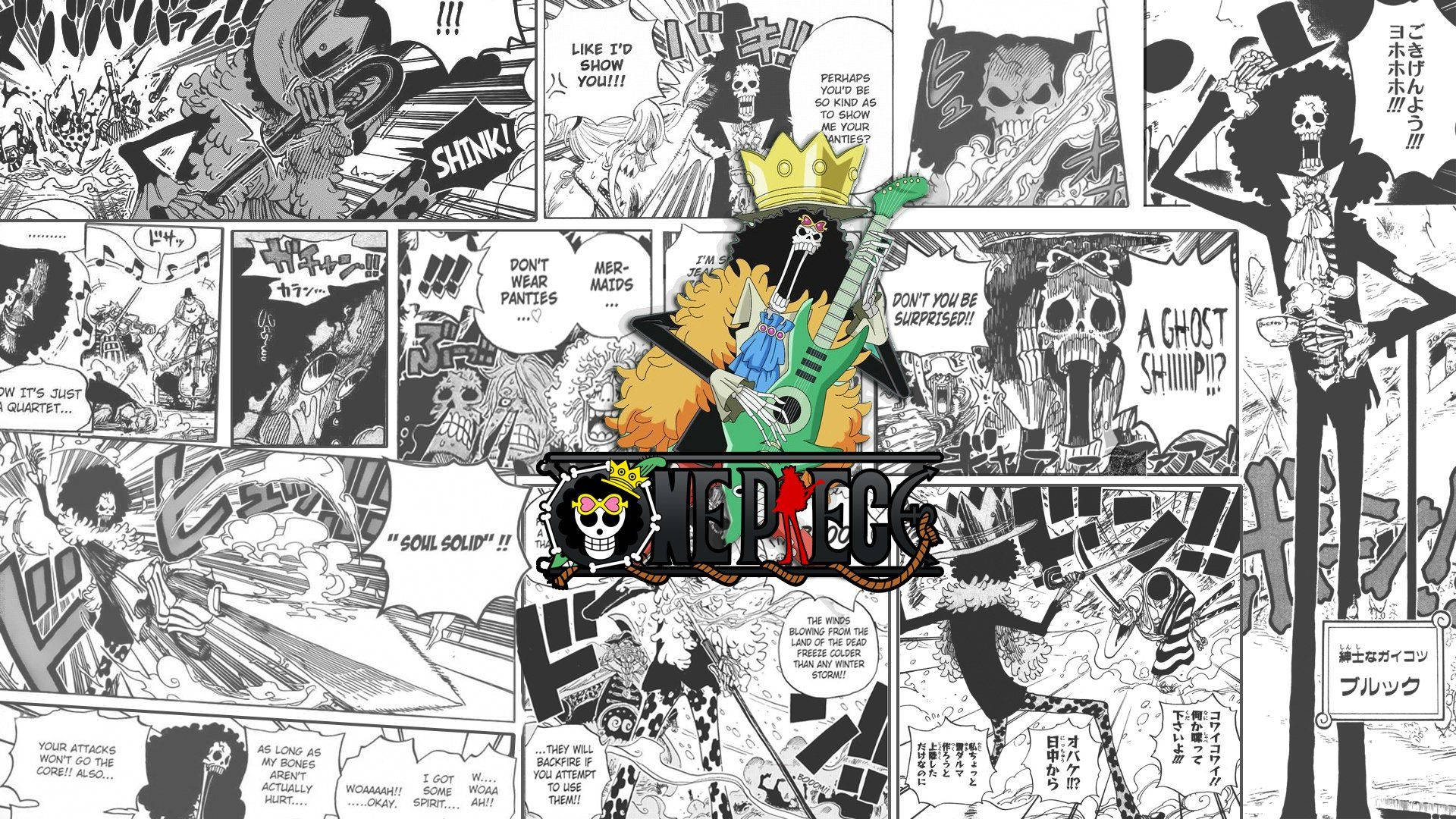 靈魂之王布魯克漫畫分鏡 壁紙 — 一張動態的One Piece漫畫壁紙， featuring 海賊王路飛以綠色結他姿勢被漫畫面板包圍。