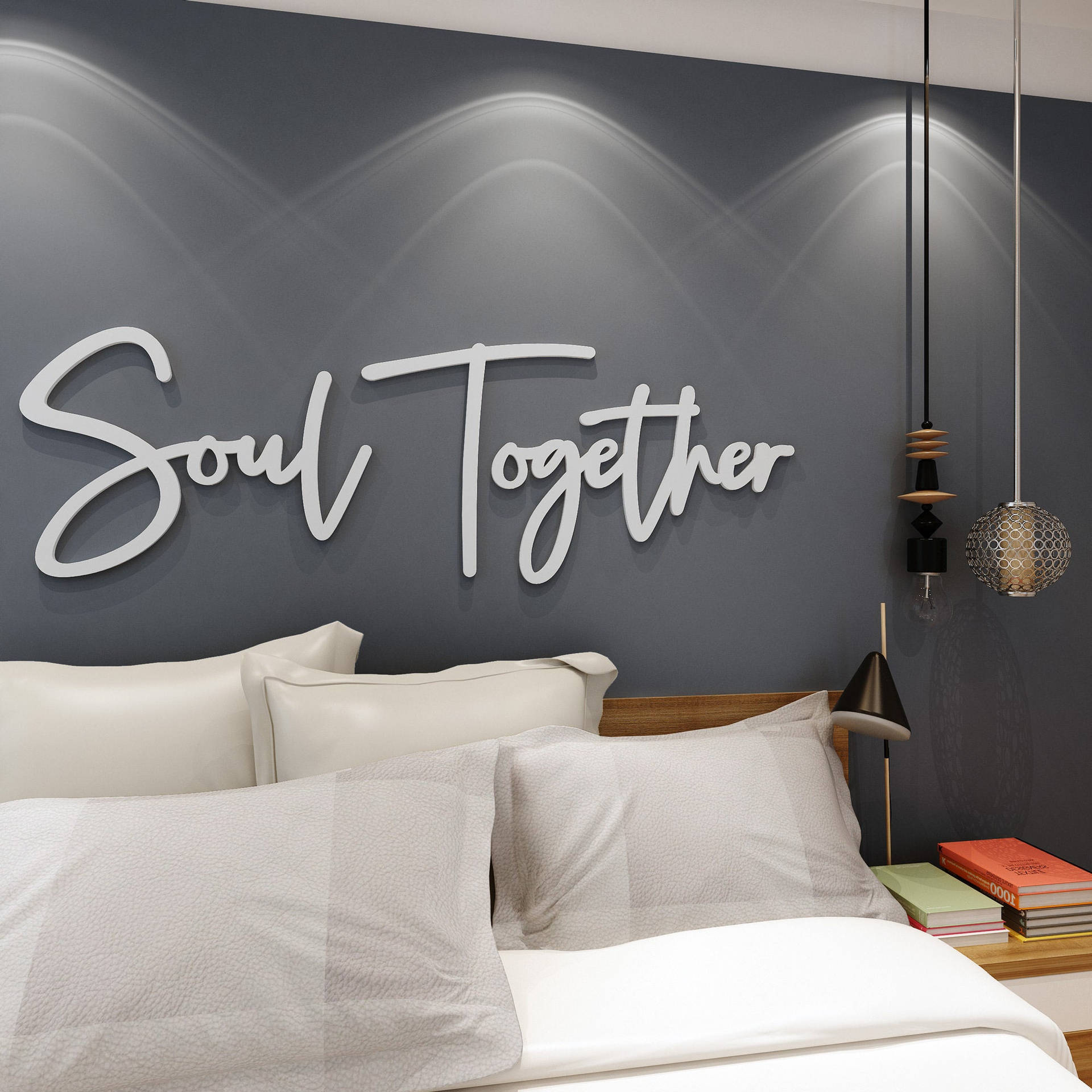 現代臥室，配有灰色牆壁、白色床和「Soul Together」牆面藝術。