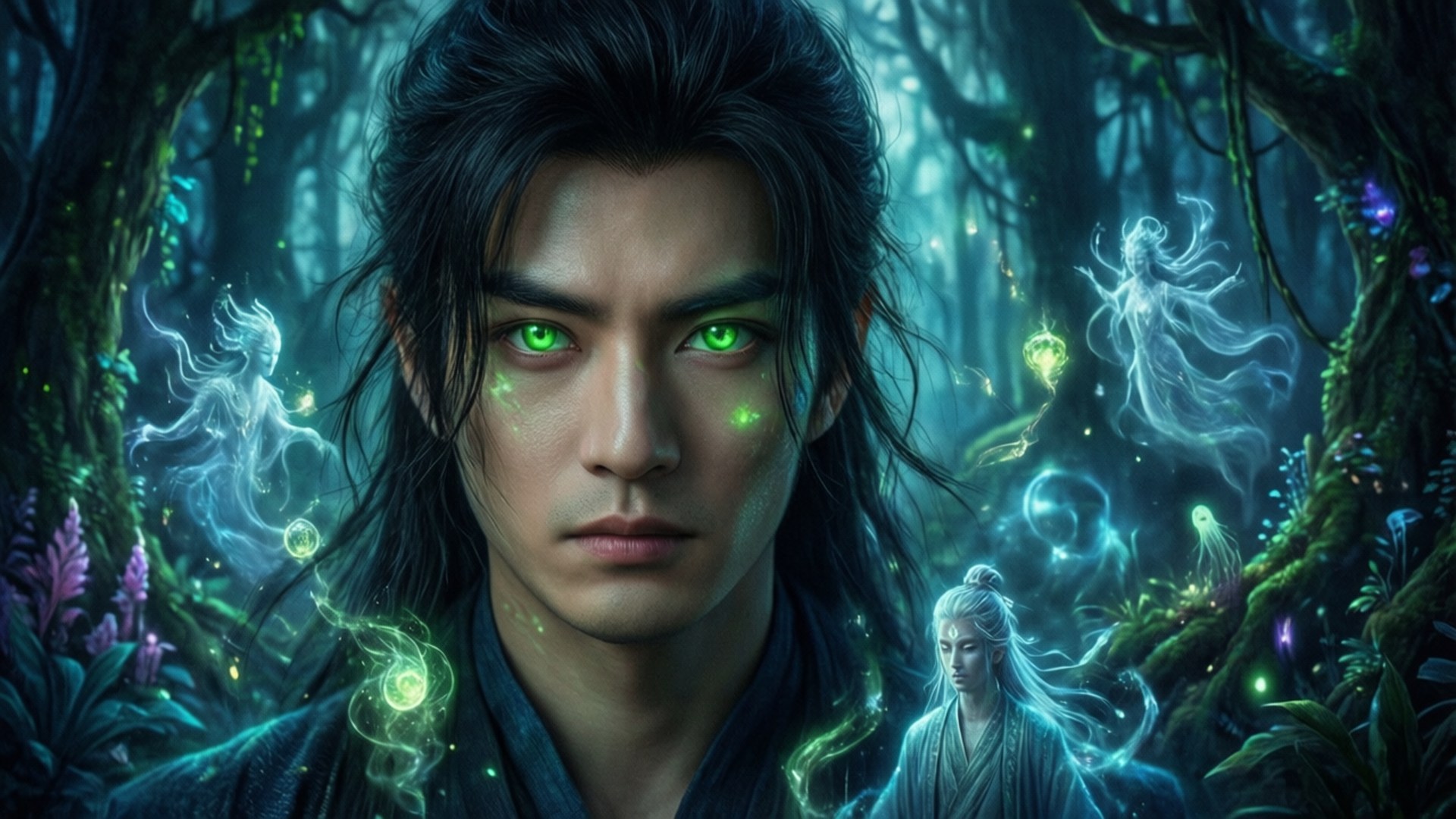 一個擁有發光綠色眼睛的男人，在黑暗的魔法森林中被神秘的精靈包圍。