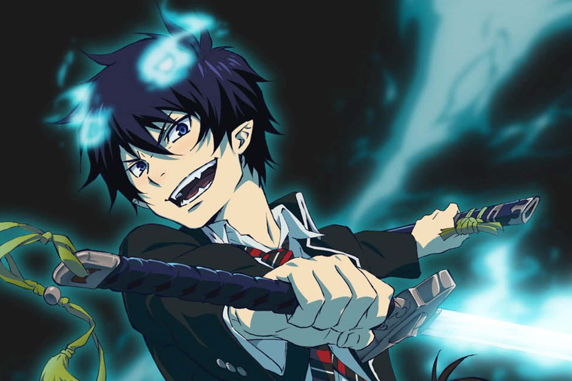 《青之驅魔師》動畫角色仁王雅治持劍圖 壁紙 — 一個決心堅定的動畫男孩，深色頭髮，在暴風雨般的青綠色和黑色背景中揮舞著發光的劍。