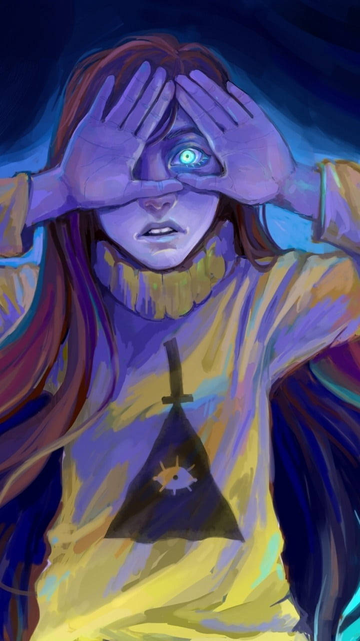 青少年 Mabel Pines 藝術 壁紙 — 一個女孩，藍色發光的眼睛和雙手遮住臉，穿著黃色襯衫，戴著三角形吊墜，背景是深藍色。