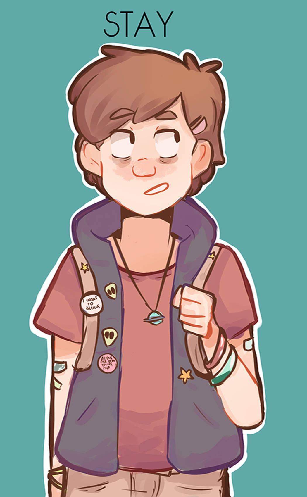 青少年Dipper Pines 壁紙 — 一個棕色頭髮、穿著紫色背心的卡通男孩，背著帶有星星徽章的背包，在青綠色背景前溫柔微笑。