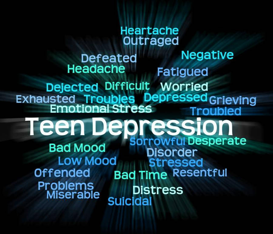 青少年抑鬱問題 壁紙 — 一個深色數碼圖形，以粗體白色文字顯示「Teen Depression」，周圍環繞著發光的藍色詞語，如「depressed」「suicidal」和「emotional stress」，向外輻射。