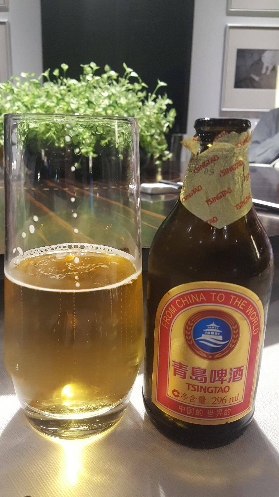 桌上放著一杯青島啤酒和一瓶啤酒，旁邊有一棵綠色植物。