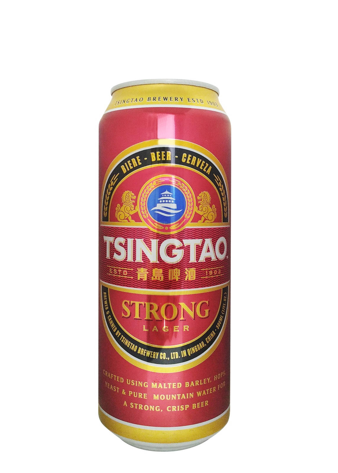 青島強力拉格啤酒罐，帶有紅金色標籤和寶塔標誌。