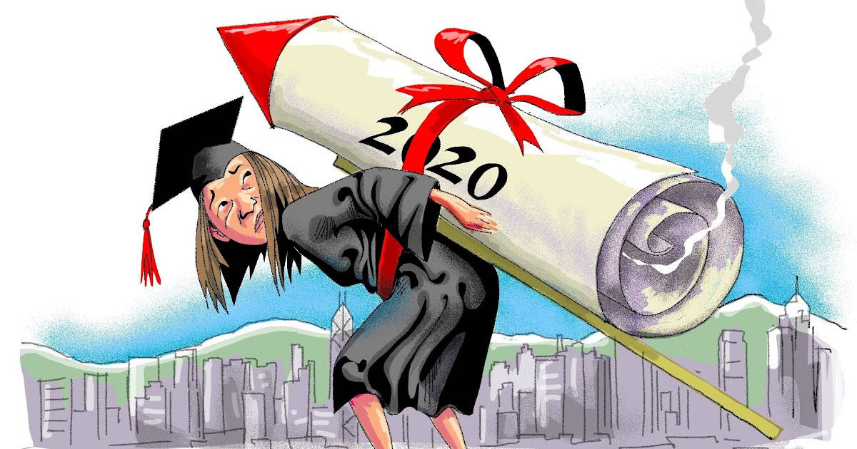 畢業生攜帶一個標有2020的火箭文憑，飛越城市景觀。