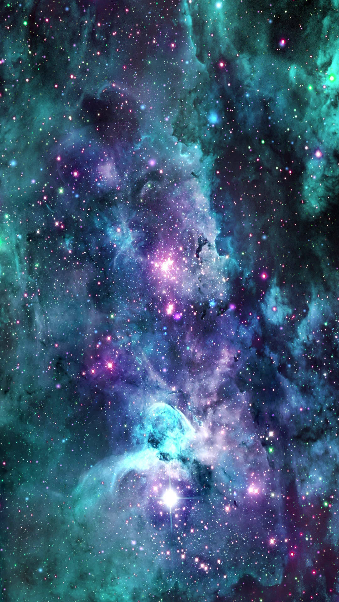充滿活力的宇宙星雲，帶有發光的星星和旋轉的深藍紫色雲層。