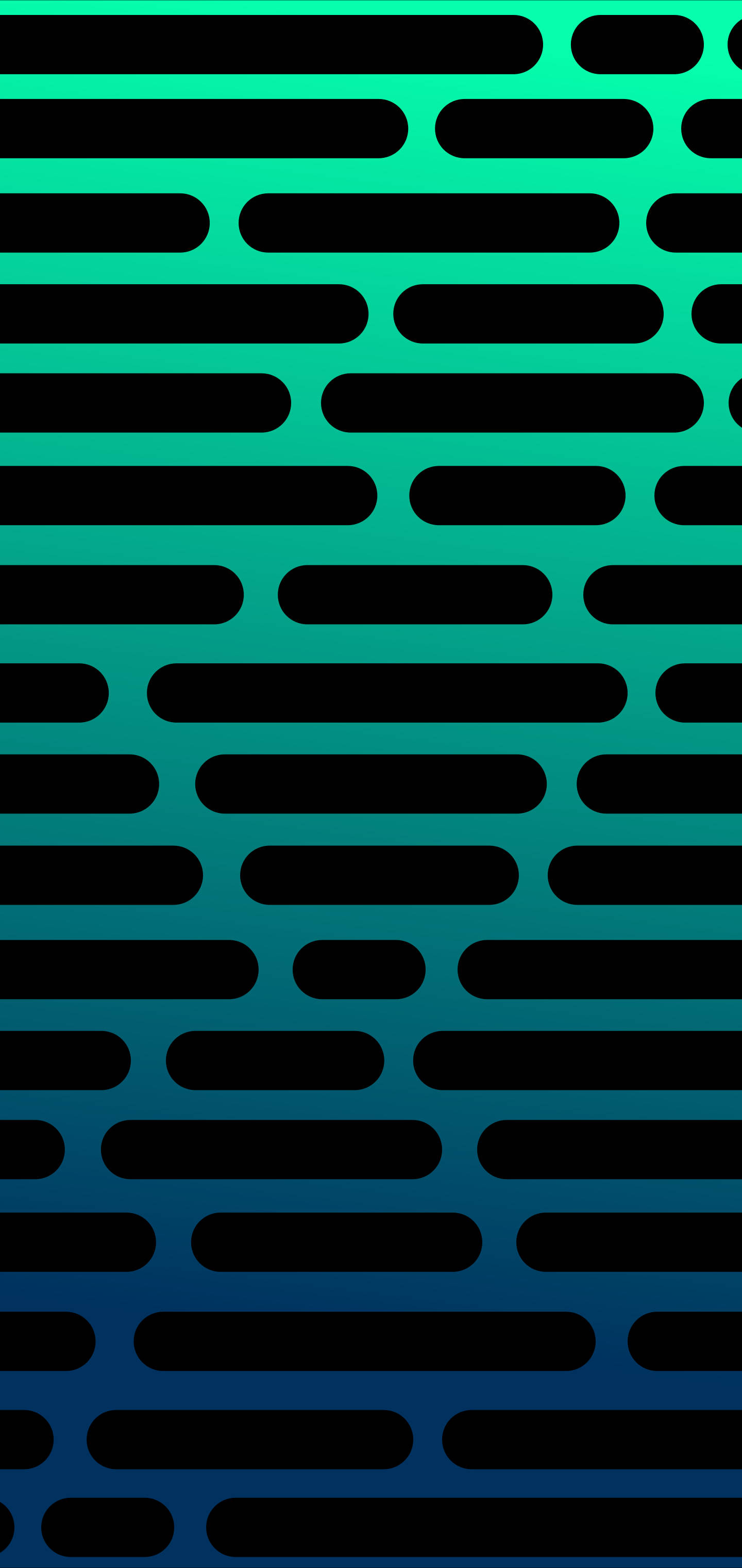 青綠與黑色 Galaxy S10 壁紙 — 充滿活力的青綠色到藍色漸變壁紙，帶有重複的黑色橢圓形狀，形成節奏感圖案。