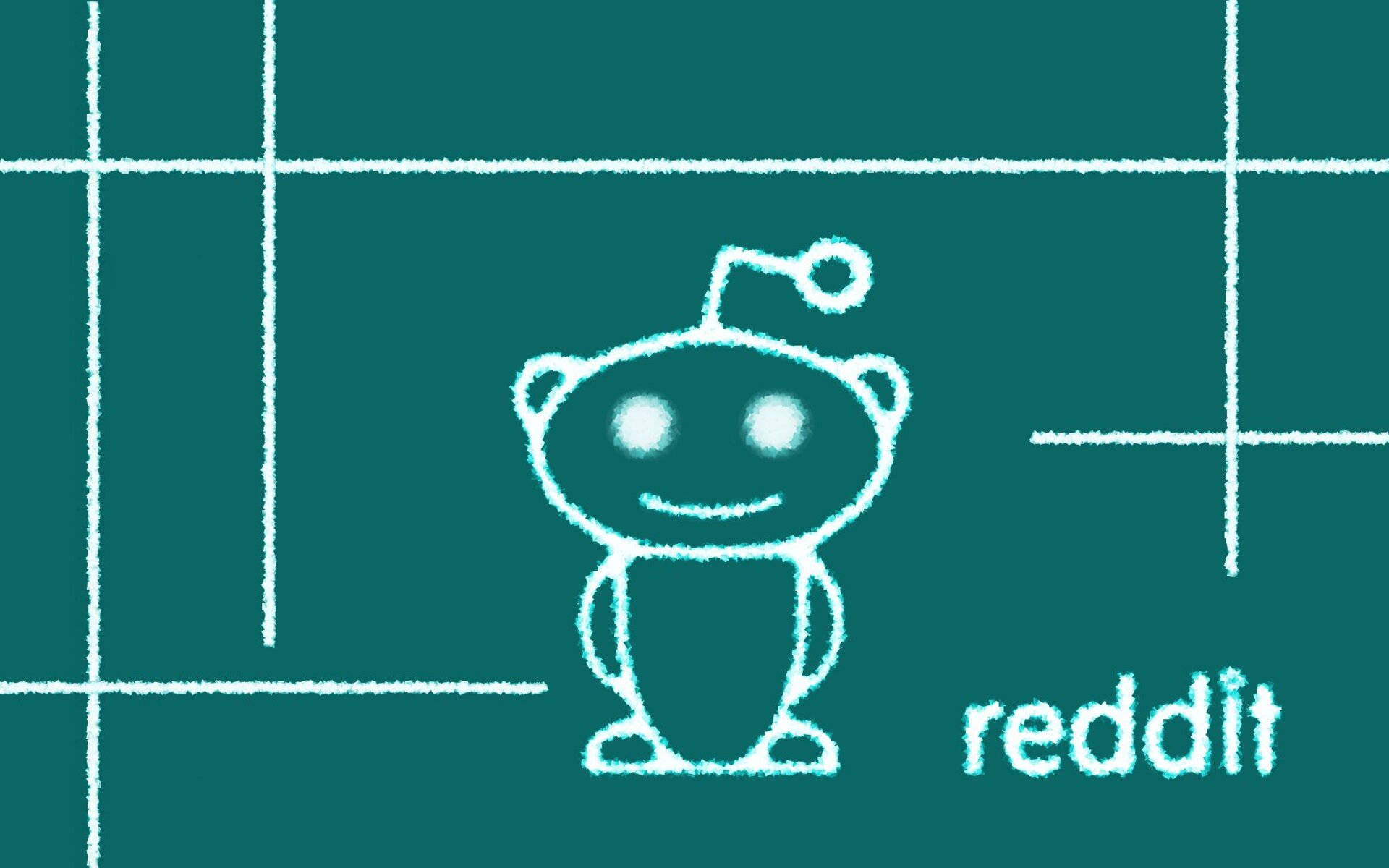 Reddit 外星人吉祥物的粉筆畫，青綠色網格背景。