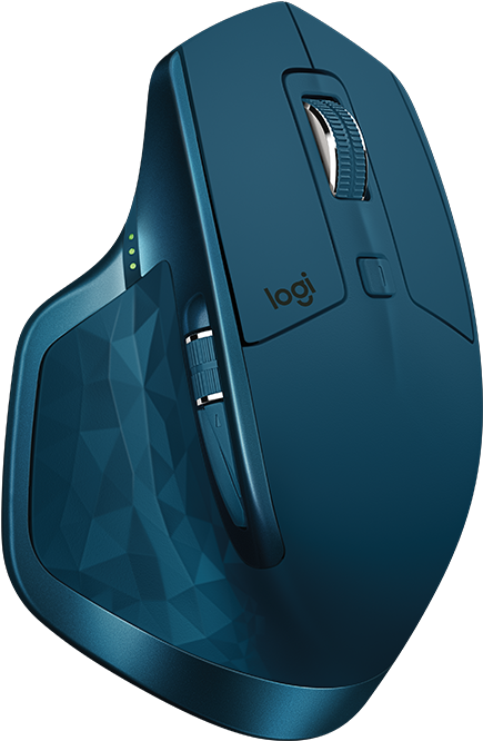 青綠色人體工學無線滑鼠 壁紙 — 一款時尚的藍色Logitech人體工學滑鼠，具有幾何紋理和銀色點綴，背景為黑色。