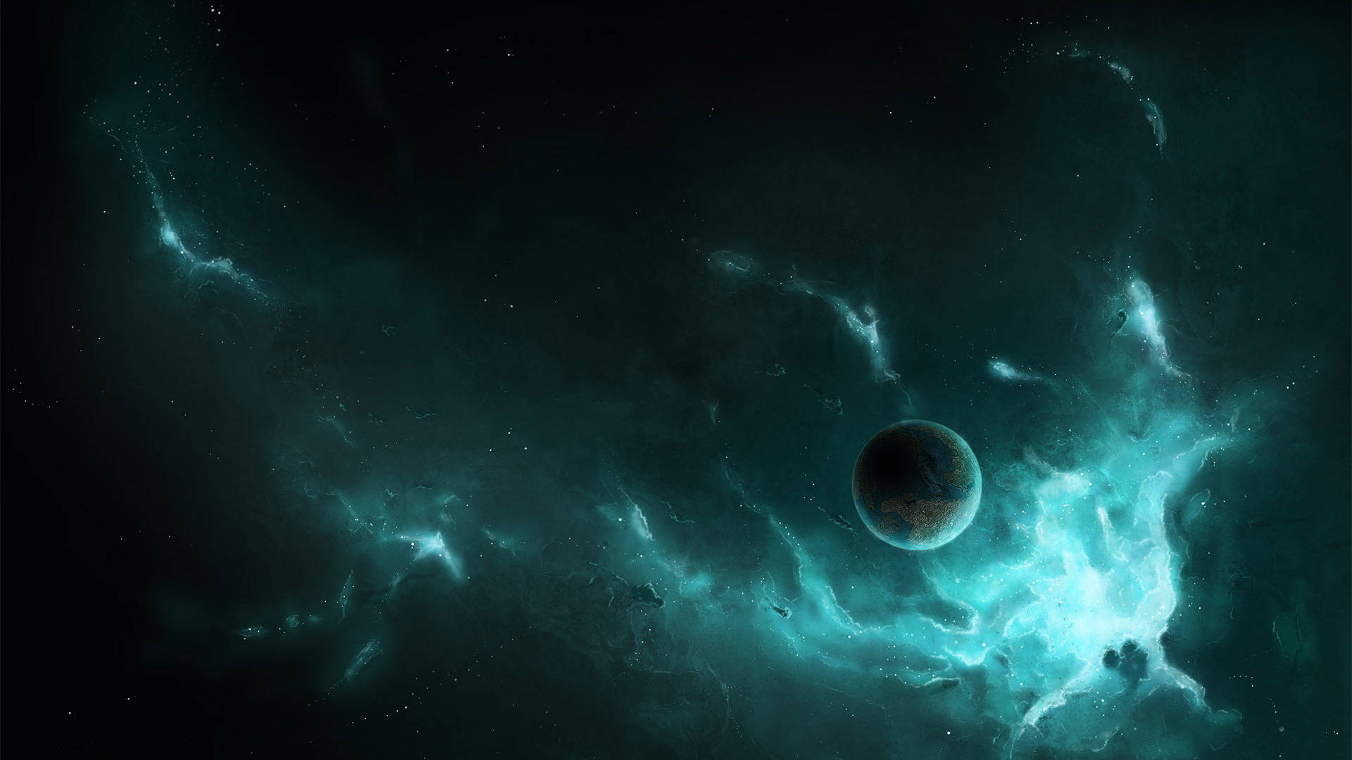 一顆被發光藍綠色星雲包圍的行星，在深空中。