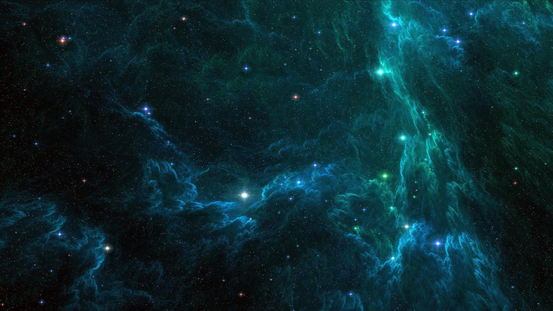 青綠色奇幻宇宙 壁紙 — 充滿活力的青綠色和藍色宇宙星雲在深邃的黑色虛空中旋轉，閃爍的星星點綴其中，構成令人驚嘆的太空場景。