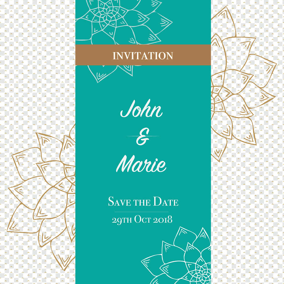 藍綠色和金色的婚禮保存日期卡，帶有花卉設計和 John 和 Marie 的名字。