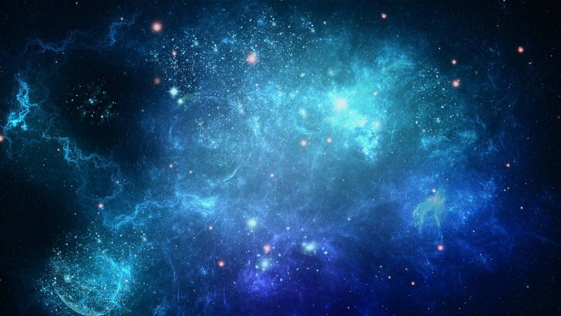 一個在深空中充滿星星的發光藍色星雲。
