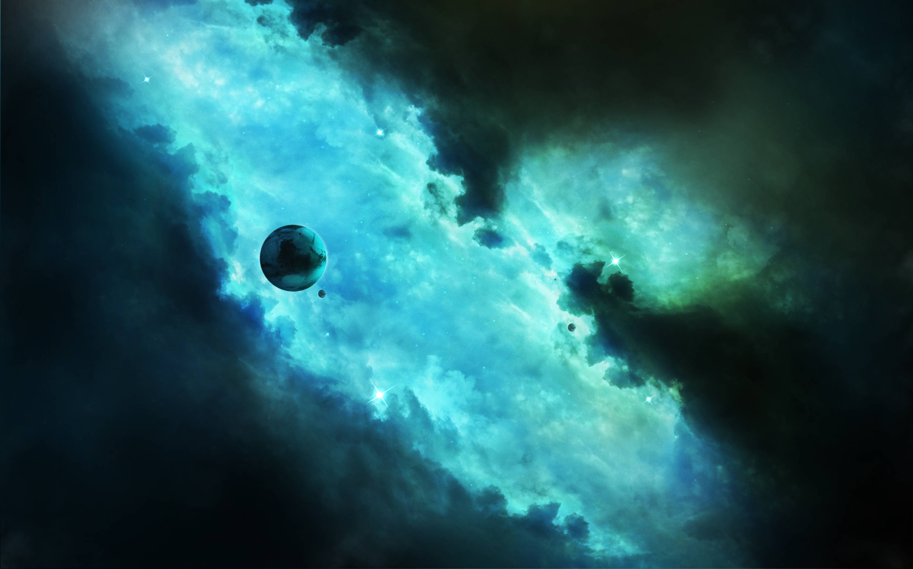 青綠色星雲藍色太空手機壁紙 壁紙 — 一顆孤獨的行星漂浮在廣闊星雲中旋轉的青色和黑色宇宙雲之間。