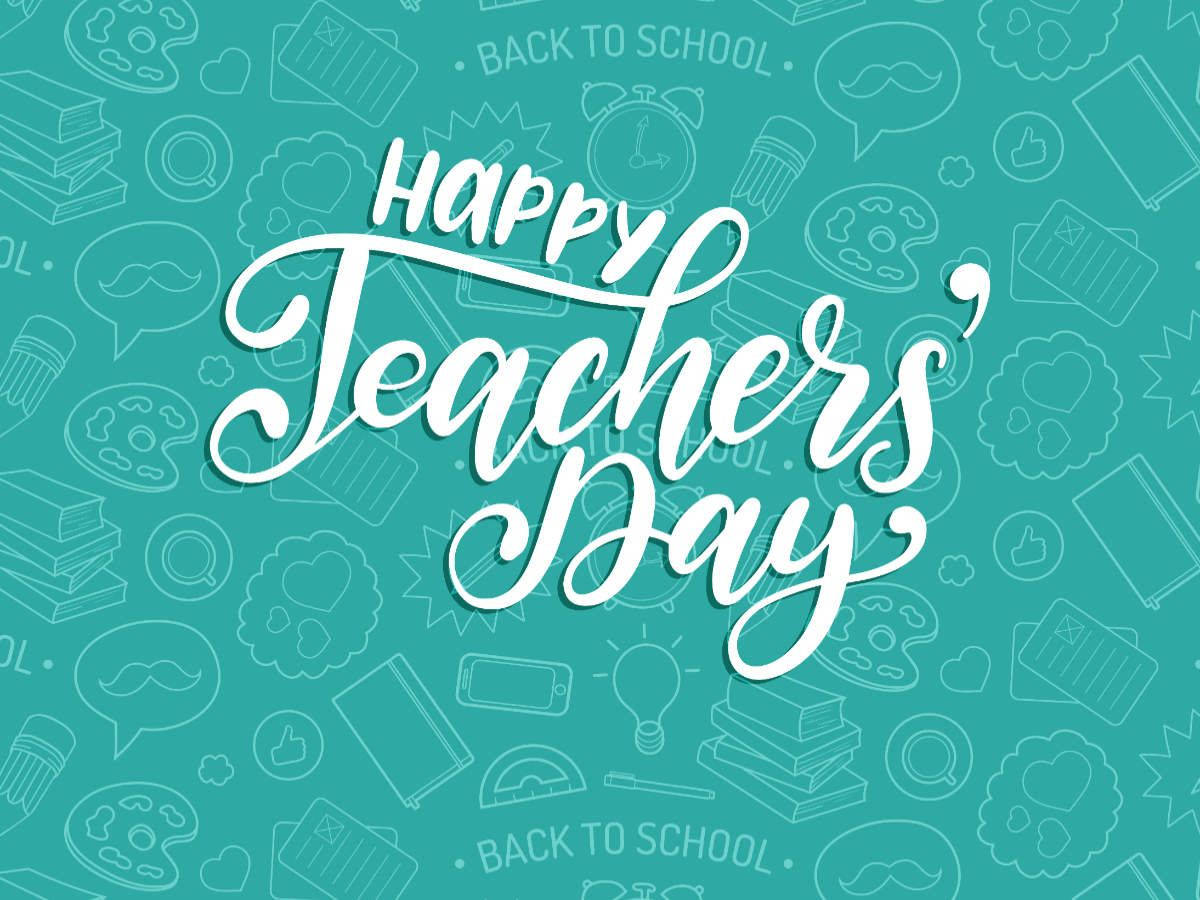 青綠色背景上帶有學校塗鴉的Happy Teachers Day問候 — 青綠色 GIF 壁紙