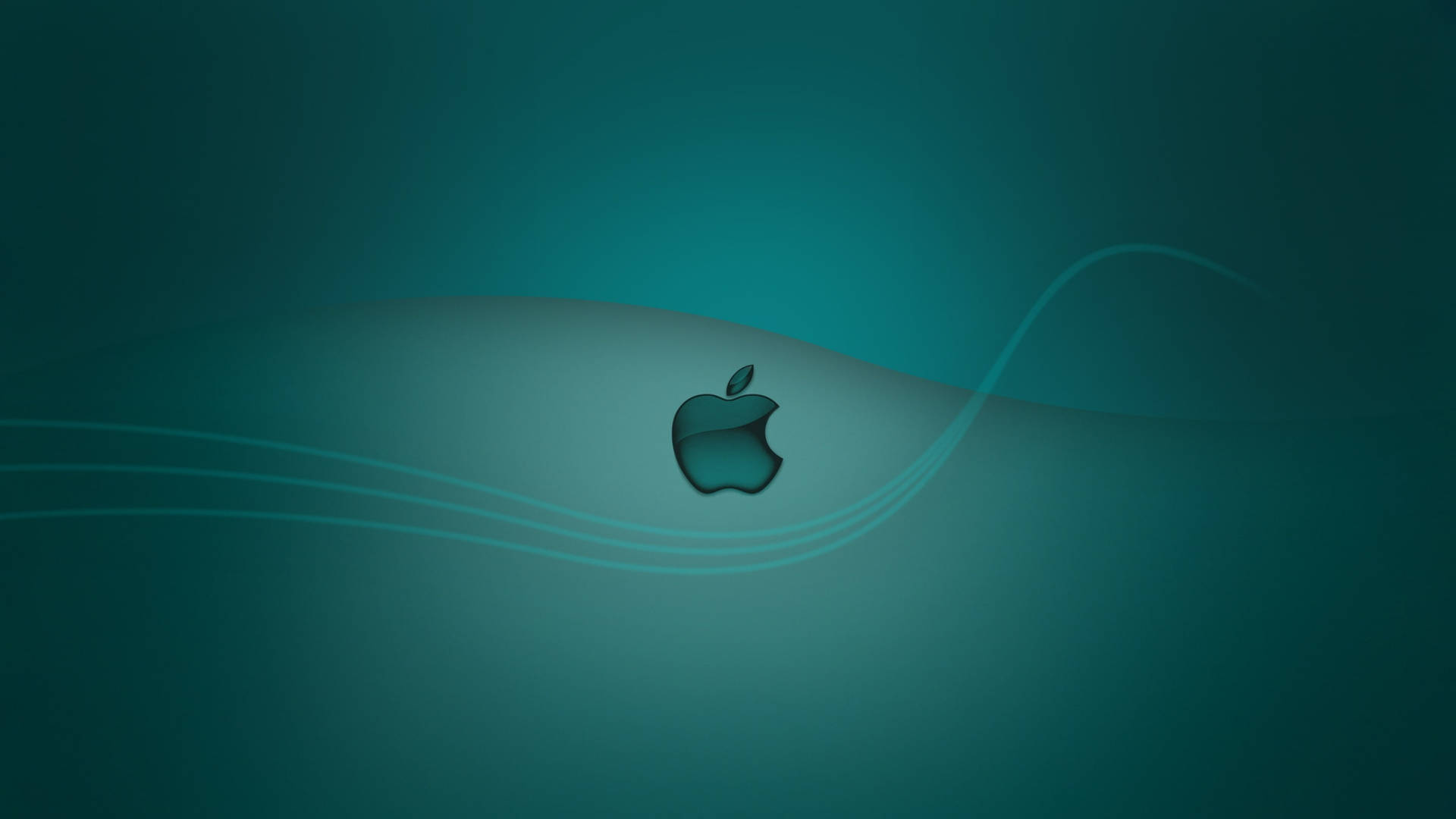 Apple標誌置中喺青綠色漸變背景上，帶有流動波浪線條。