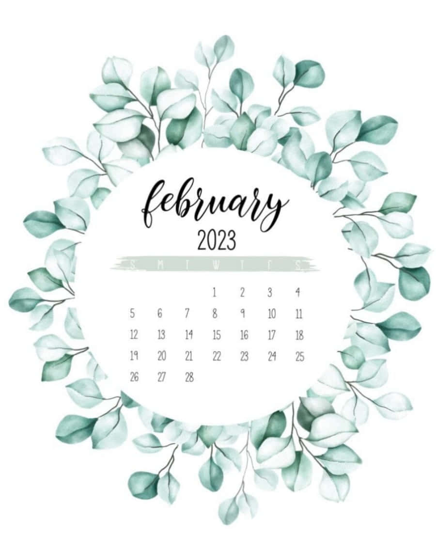 2023年2月月曆，周圍環繞著水彩風格的綠色尤加利葉。