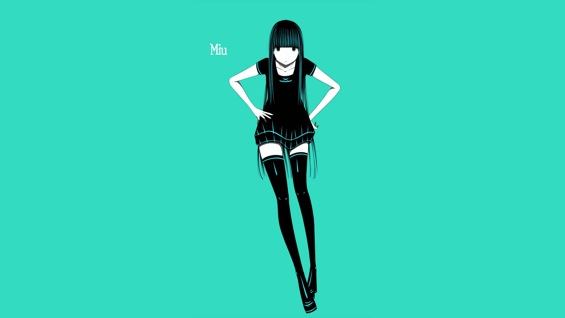 動漫角色 Miu 身穿黑色服裝，背景為青色。