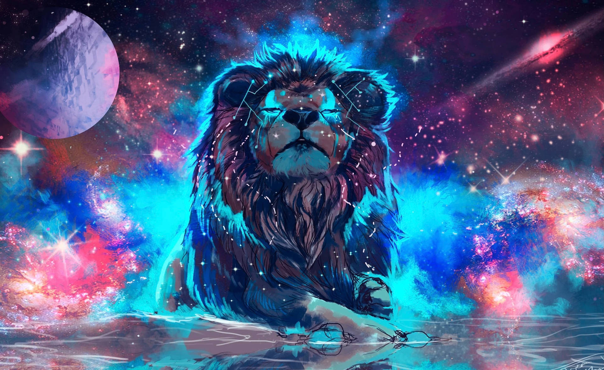 一頭擁有星毛毛髮的獅子，站在宇宙水中，下方是星雲和發光的行星。 — 銀河獅子 壁紙