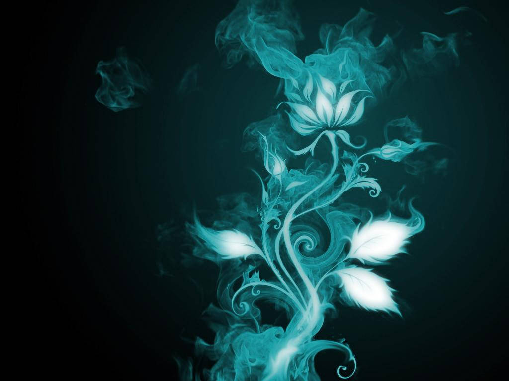 發光的藍綠色煙花，帶有旋轉的捲鬚，在黑暗背景中。