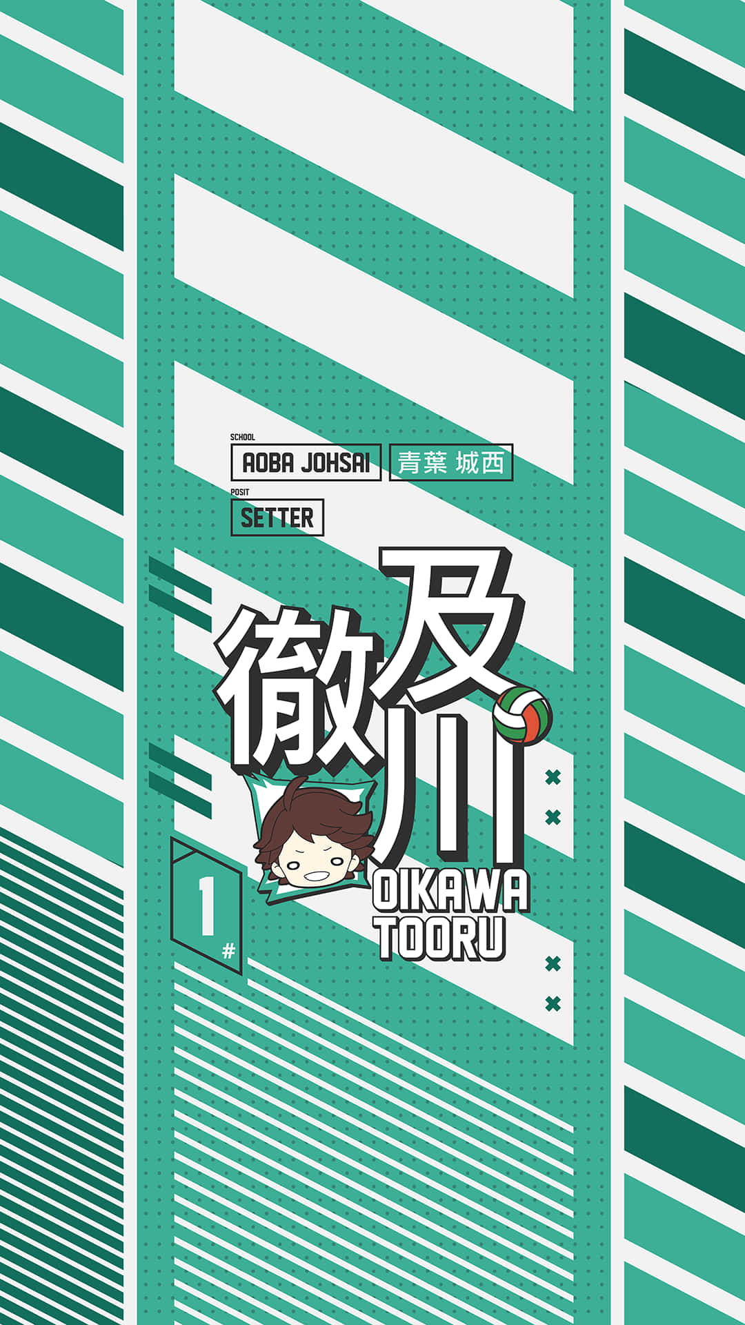動漫排球二傳手角色，背景為綠色和白色條紋，附有隊伍資訊。