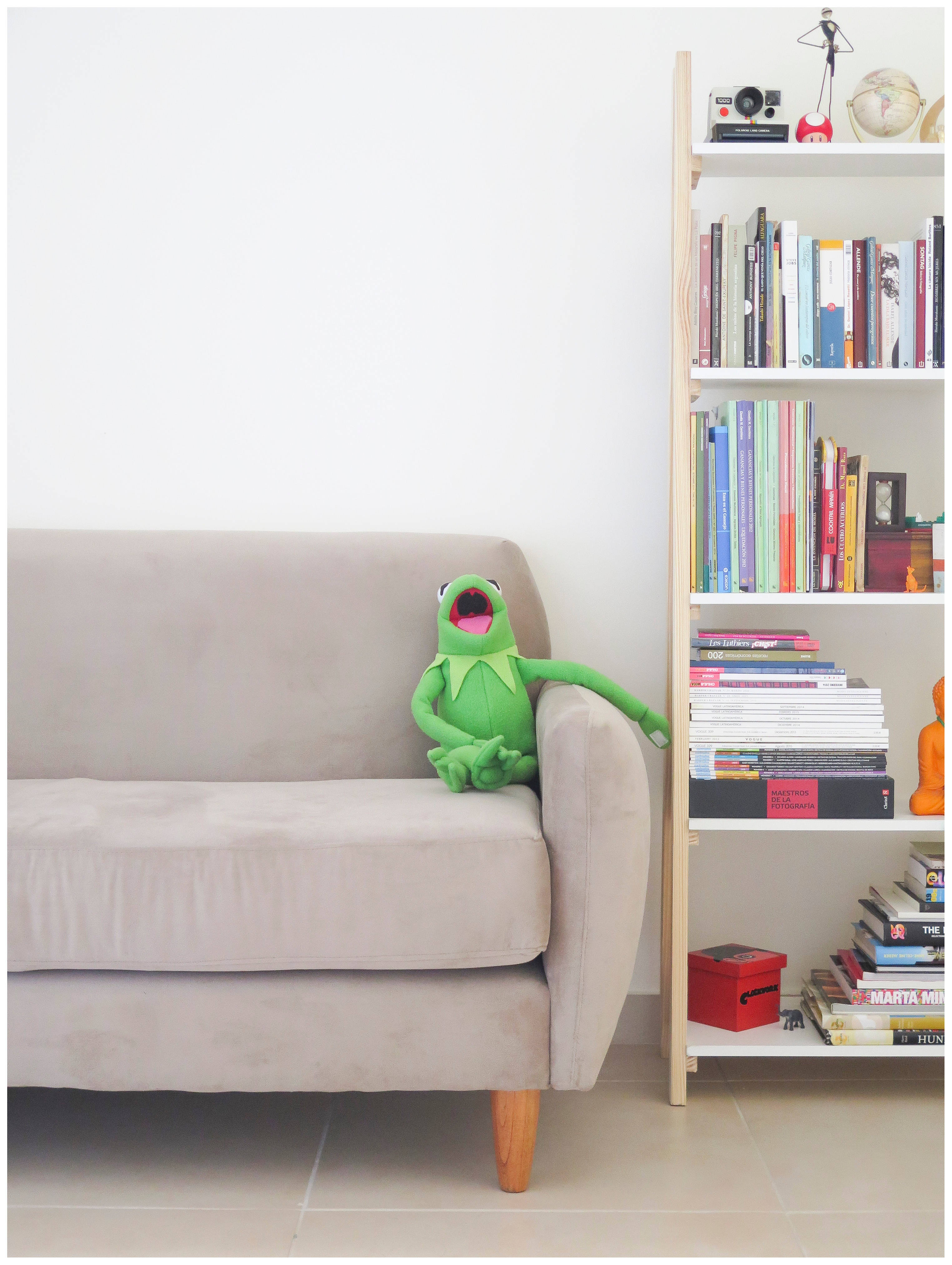 青蛙哥坐在沙發上 壁紙 — 一隻綠色的Kermit the Frog毛絨玩具坐在米色沙發上，旁邊是擺滿色彩繽紛書籍和裝飾品的書架。