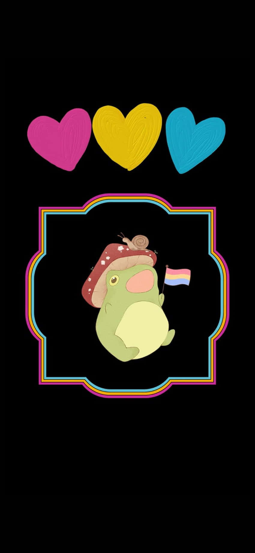 青蛙手持可愛LGBT旗幟數位插畫 壁紙 — 一隻可愛的綠色青蛙戴著蘑菇帽，在三個彩色心形下拿著彩虹旗。