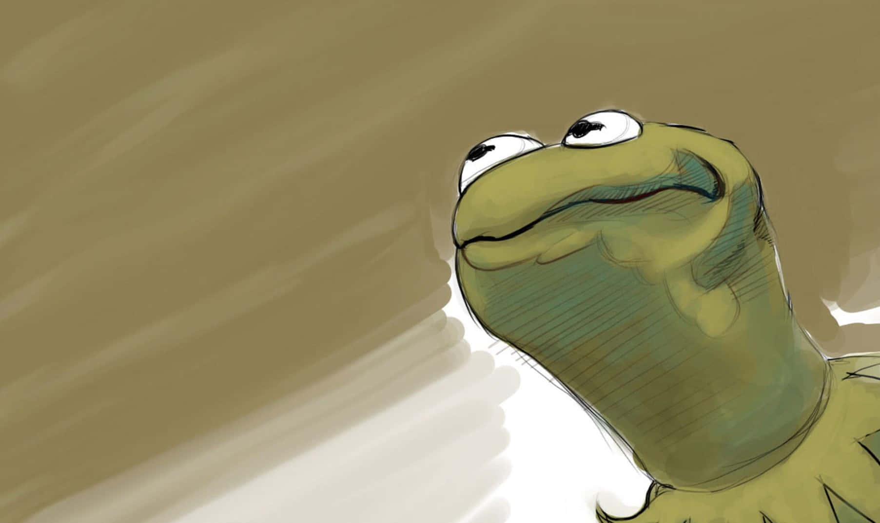 Aesthetic Frog 桌布 壁紙 — 青蛙柯米特嘅特寫插圖，佢向上望，帶住溫柔嘅笑容，背景係柔和嘅米色。