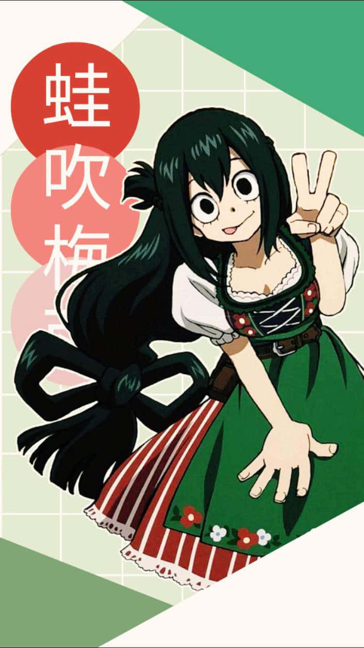 穿著綠色連衣裙的動漫女孩微笑並比出和平手勢。