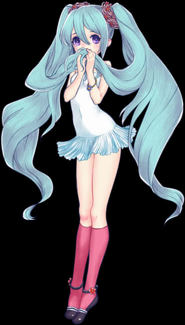 青髮白裙動漫少女 壁紙 — 動漫女孩，長長的藍綠色頭髮和紫色眼睛，穿著白色連衣裙和粉紅色襪子，站在黑色背景前。