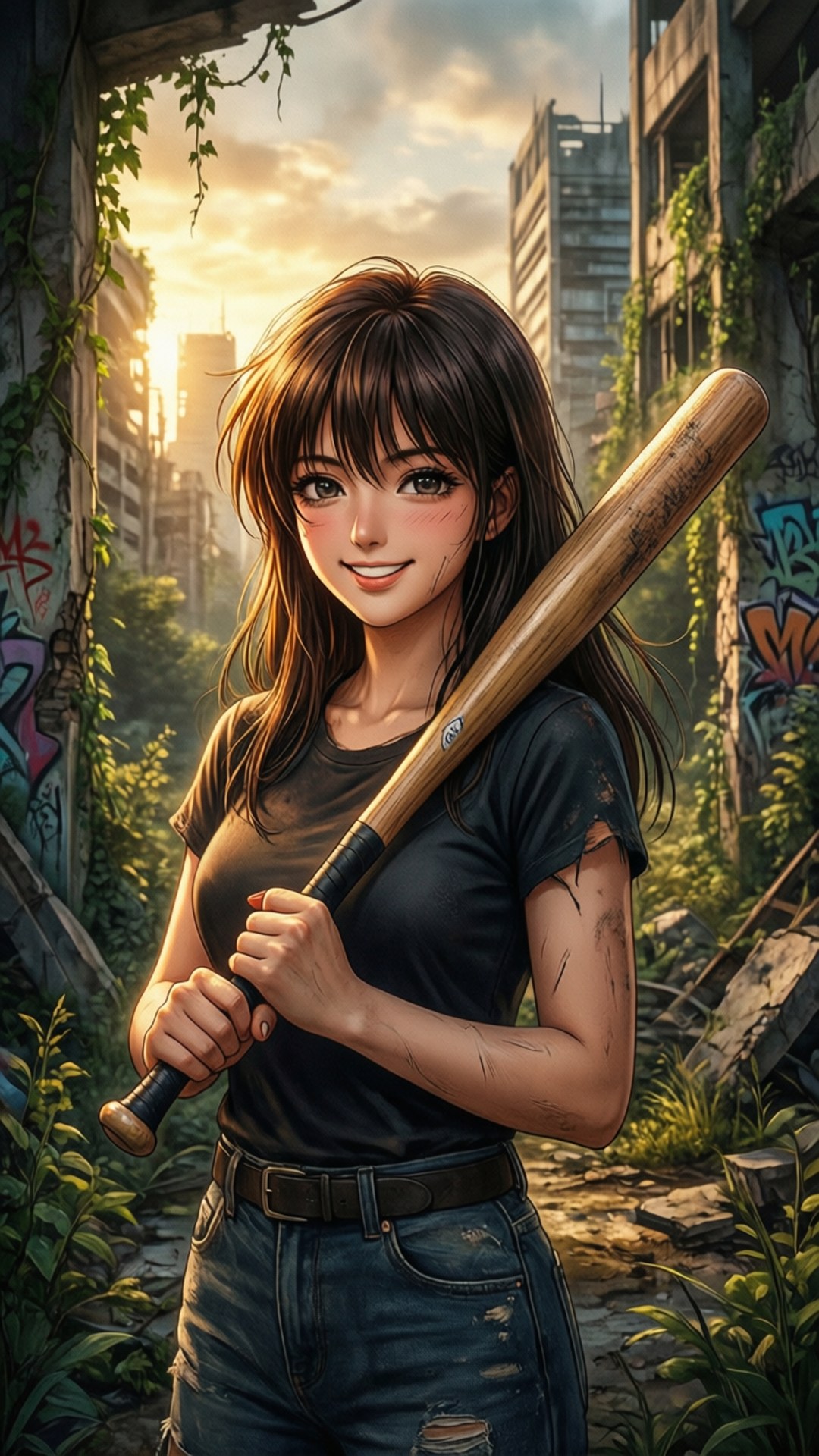 靜子於廢墟 壁紙 — 一個微笑的動漫女孩拿著棒球棍，站在陽光普照、長滿藤蔓和塗鴉的廢棄城市廢墟中。
