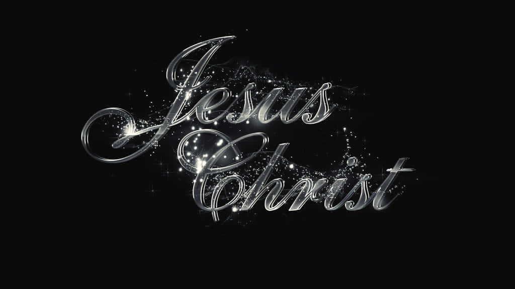閃亮嘅銀色草書文字 Jesus Christ 帶有閃爍粒子喺黑色背景上