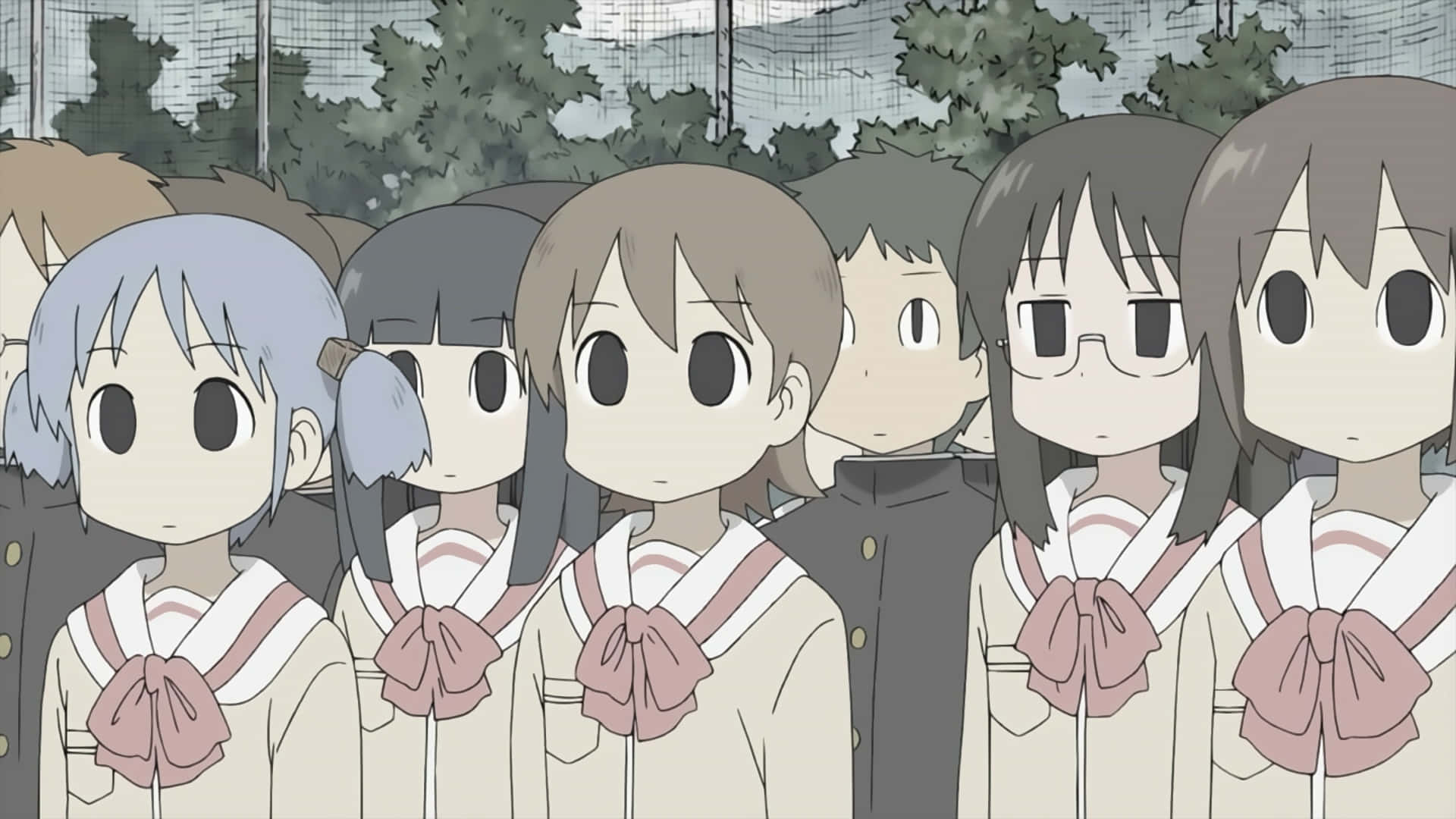 穿著校服的動漫女孩面無表情地排成一排。