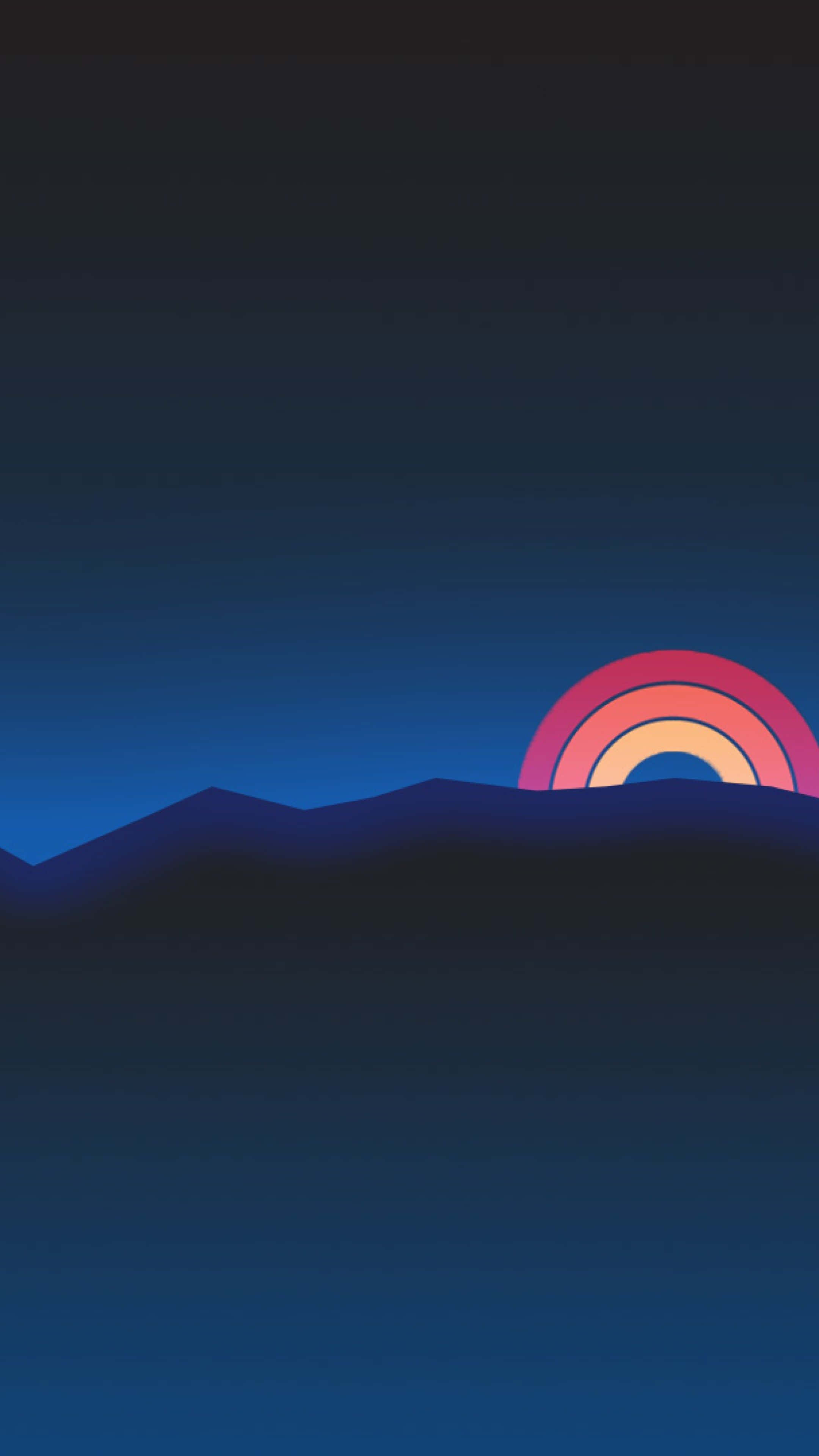 靜心欣賞復古夕陽的寧靜之美 壁紙 — 極簡數位日落，風格化彩虹在深藍色山脈剪影上方升起，背景為漸變天空。