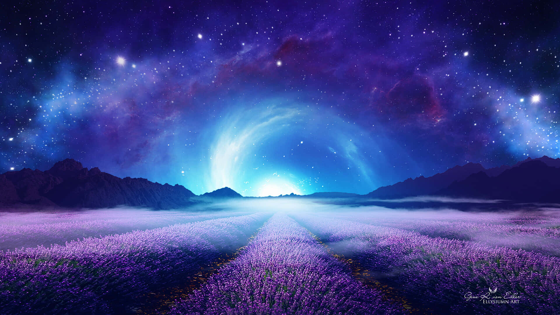 薰衣草田在繁星點點的宇宙天空下，有發光的星雲。
