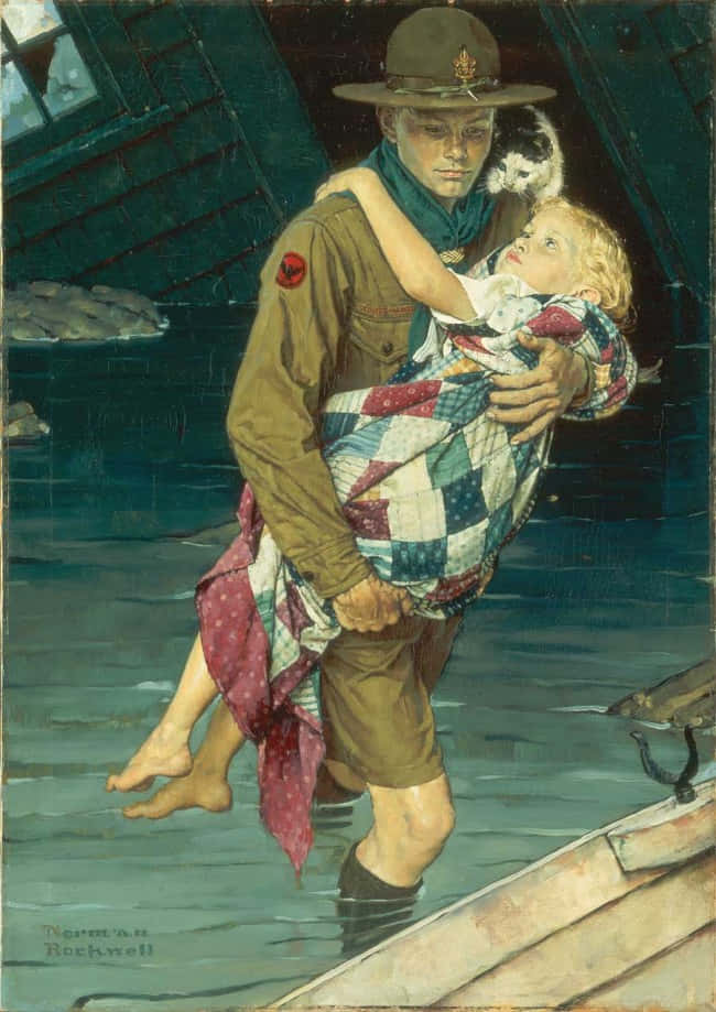 靜思與回憶：諾曼·洛克威爾的藝術風格 壁紙 — 一名士兵喺黃昏時分，喺船附近嘅淺水中，抱住一個用拼布被包裹住嘅細路。