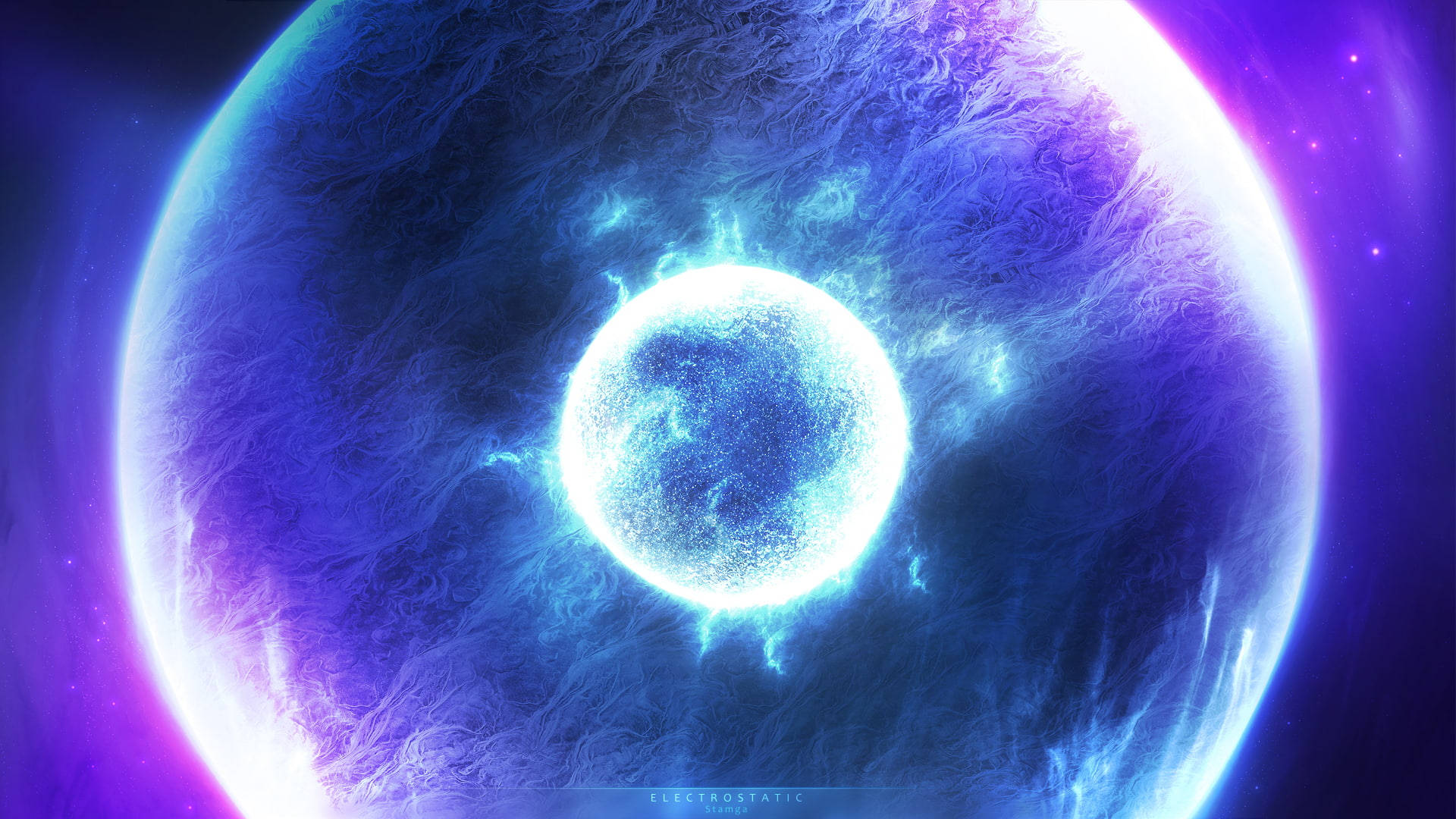 靜態霓虹藍球 壁紙 — 一個發光的藍色和紫色宇宙球體，電能在中央明亮球體周圍劈啪作響，背景是星空虛空。