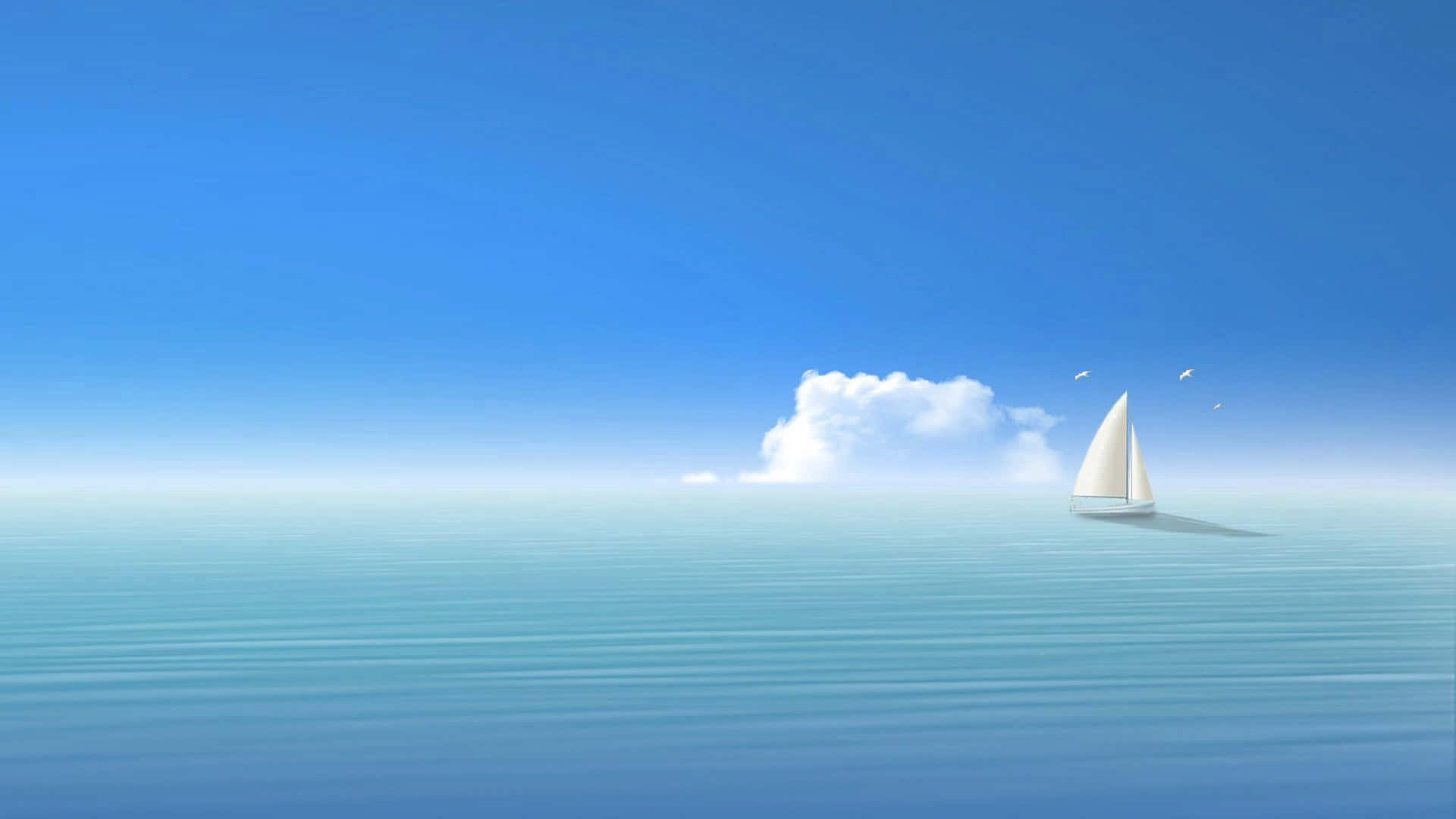 平靜海洋上的帆船，清澈藍天與一朵雲