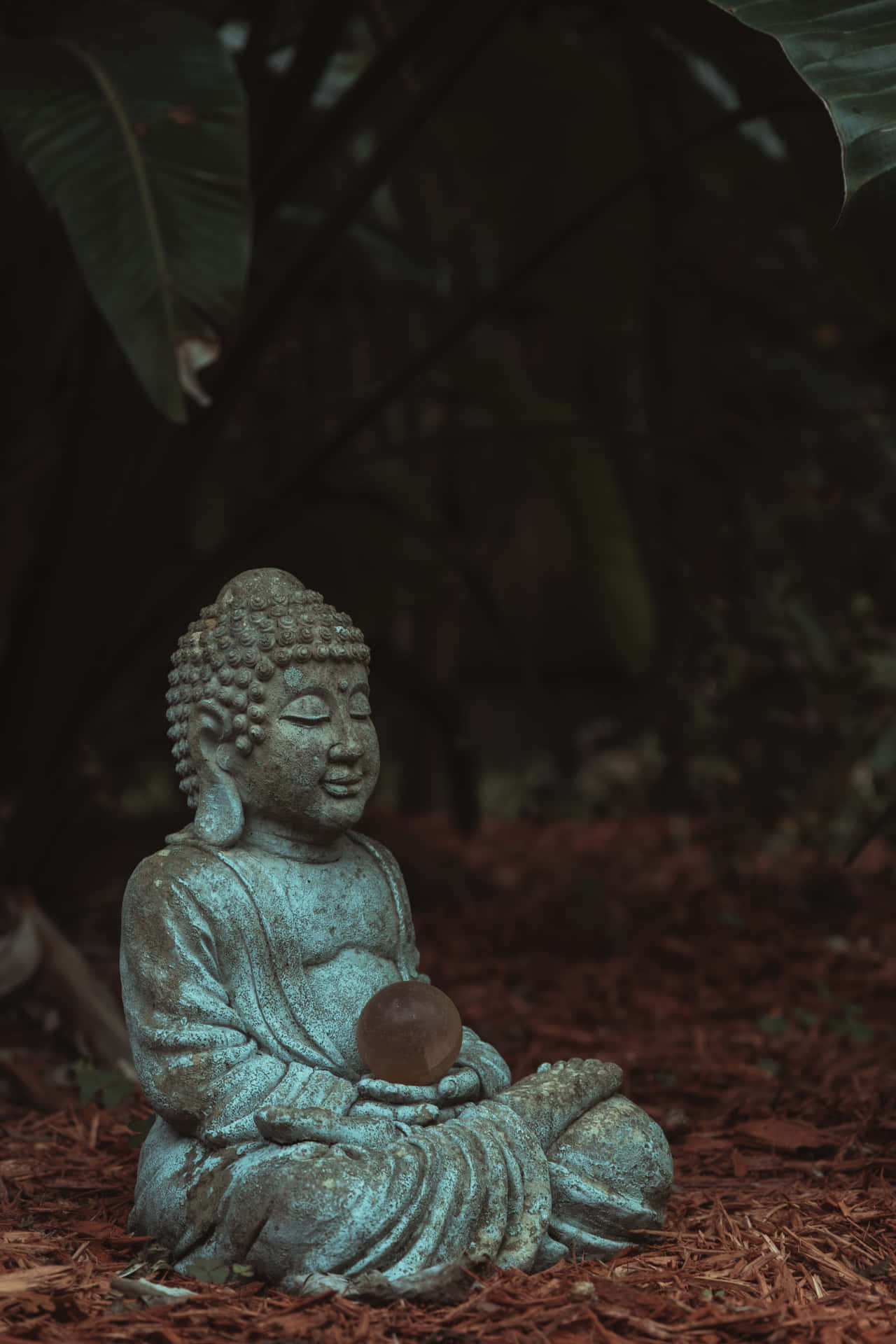 花園中一尊寧靜的佛像，周圍有覆蓋物和樹葉。