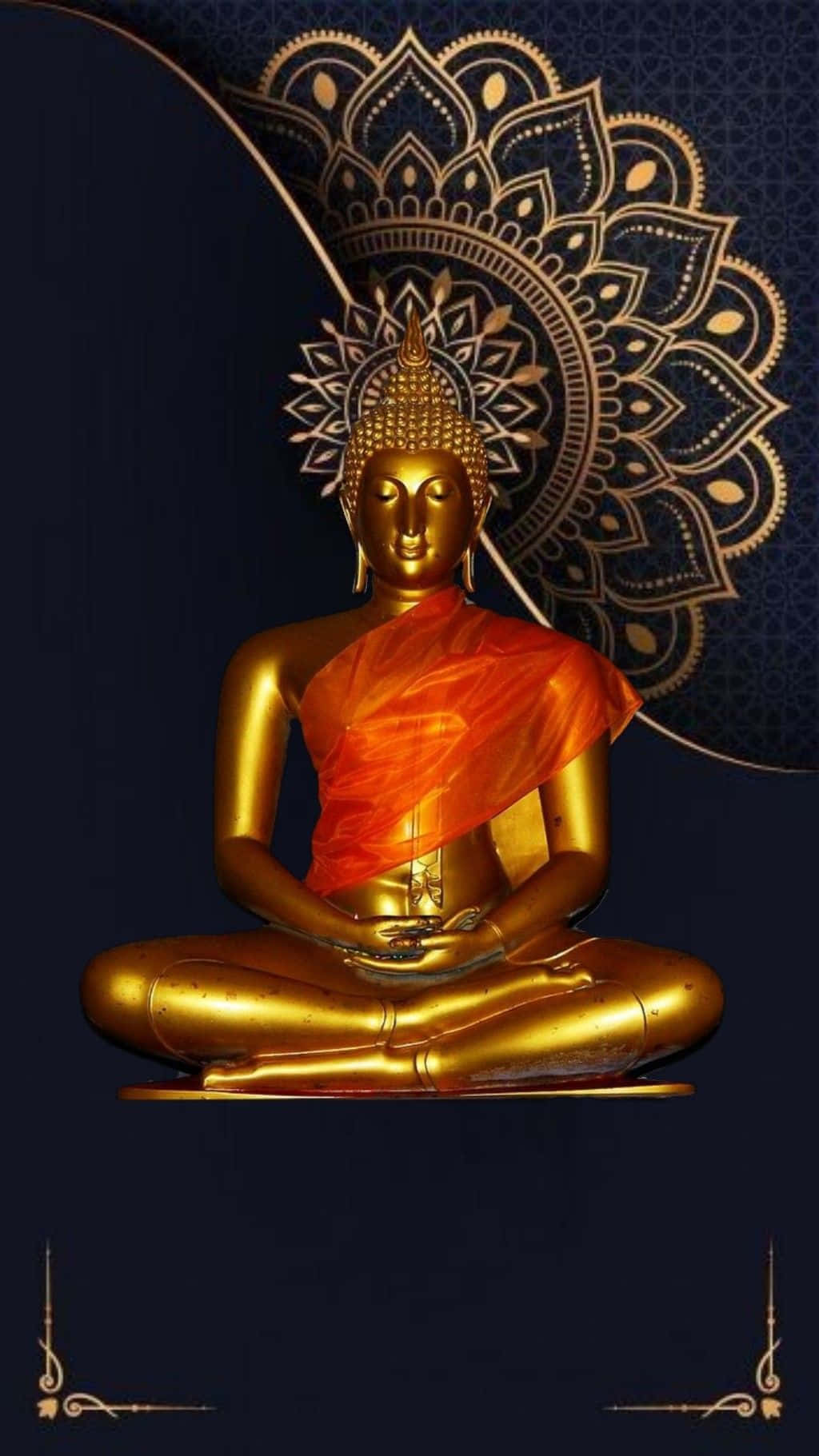 金色佛像在冥想中，橙色袈裟和曼陀羅背景。