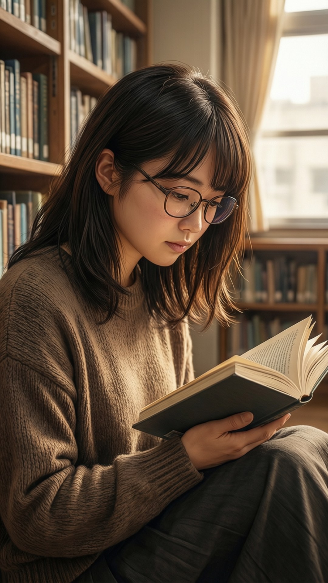 靜謐圖書館時光 壁紙 — 一位戴眼鏡的年輕女性在陽光普照的圖書館裡看書，周圍是書架。