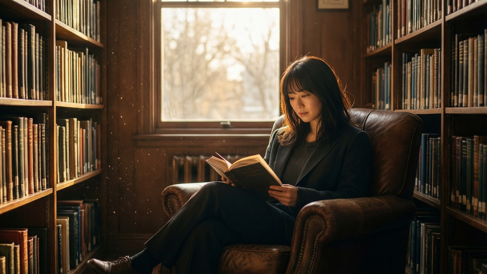 女士在陽光普照的圖書館中閱讀，周圍環繞著書架。