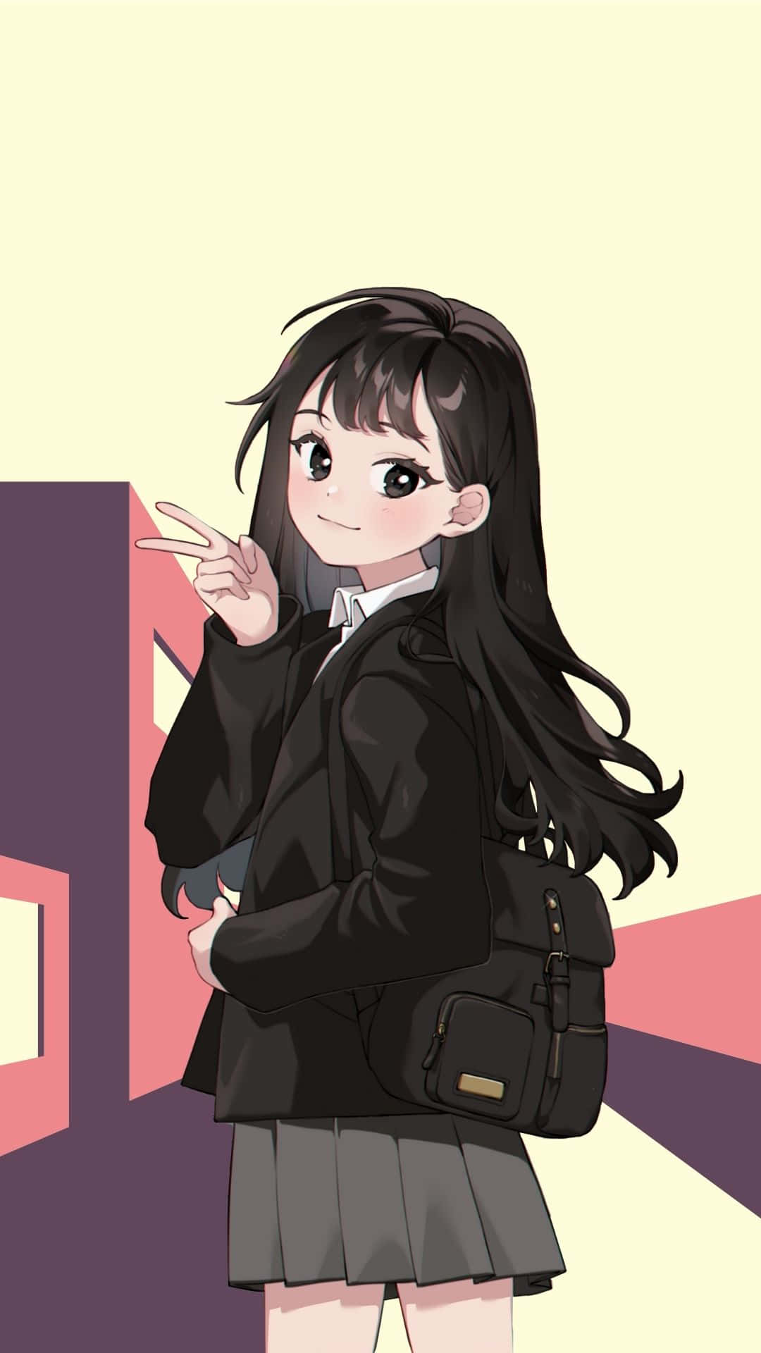 動漫女孩穿著校服，微笑著做出和平手勢，背著背包。
