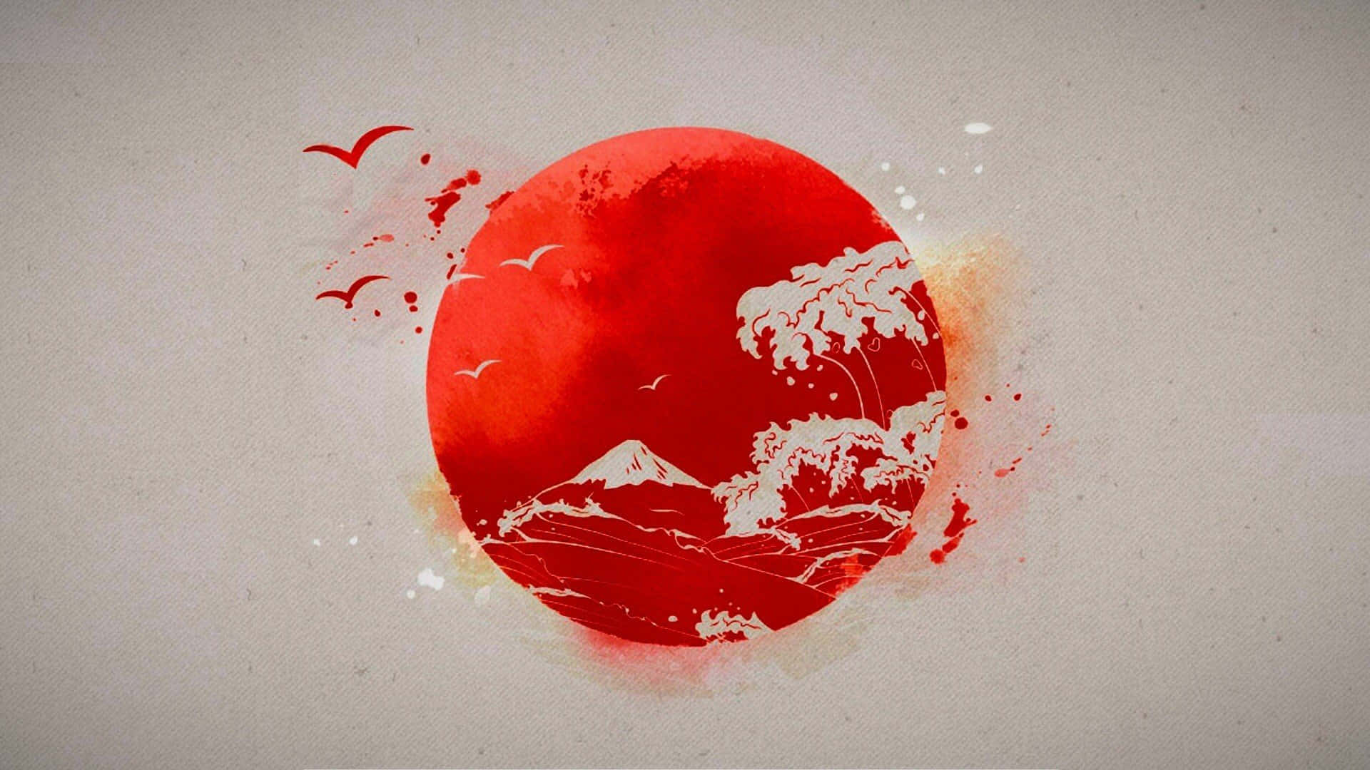 靜謐藍夜下，紅色日式燈籠散發迷人風情 壁紙 — 一個大膽的紅色圓形太陽，帶有白色波浪和山脈剪影，以及飛翔的鳥兒，背景為紋理米色。