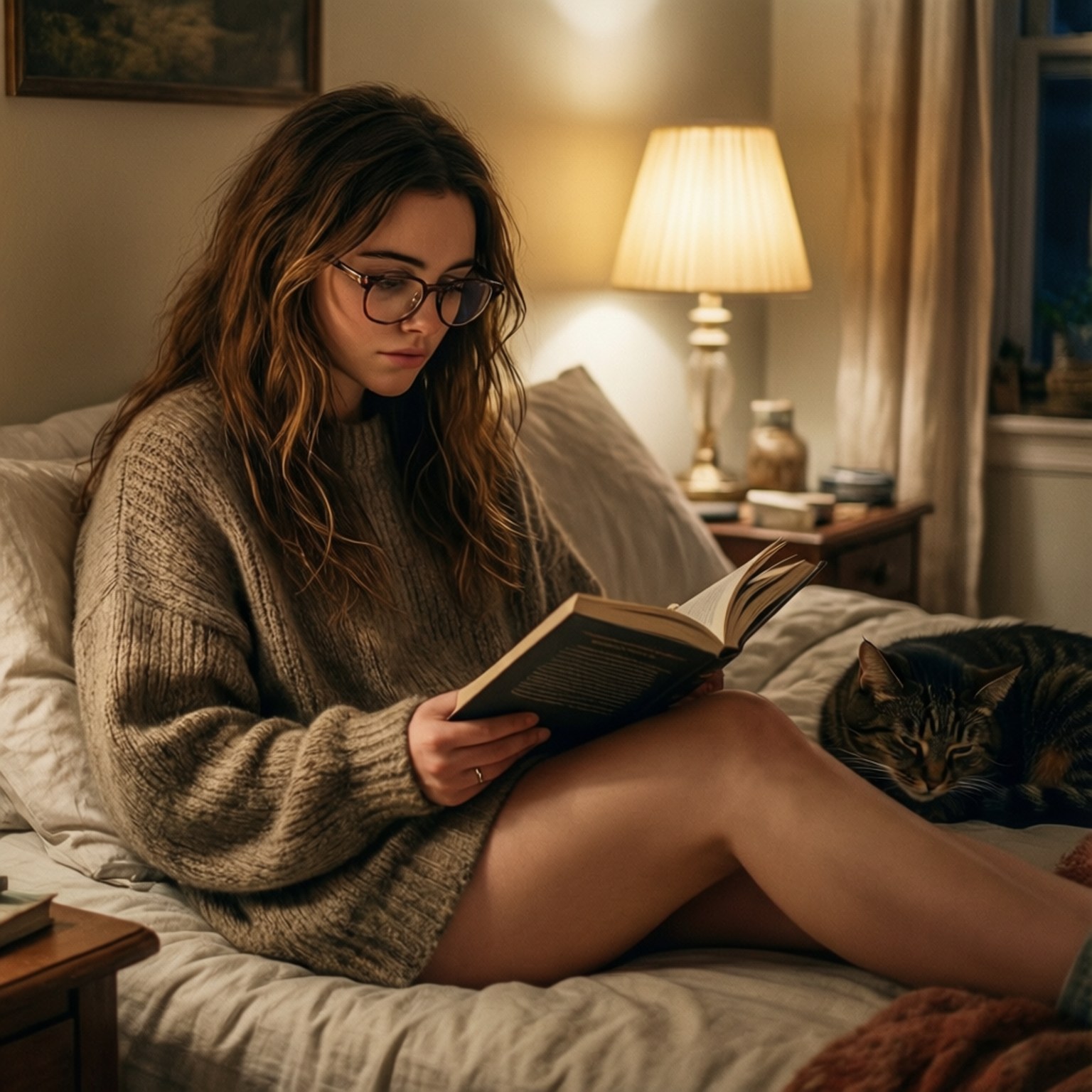 年輕女子在床上看書，附近有一隻睡覺的貓，在溫暖的燈光下。