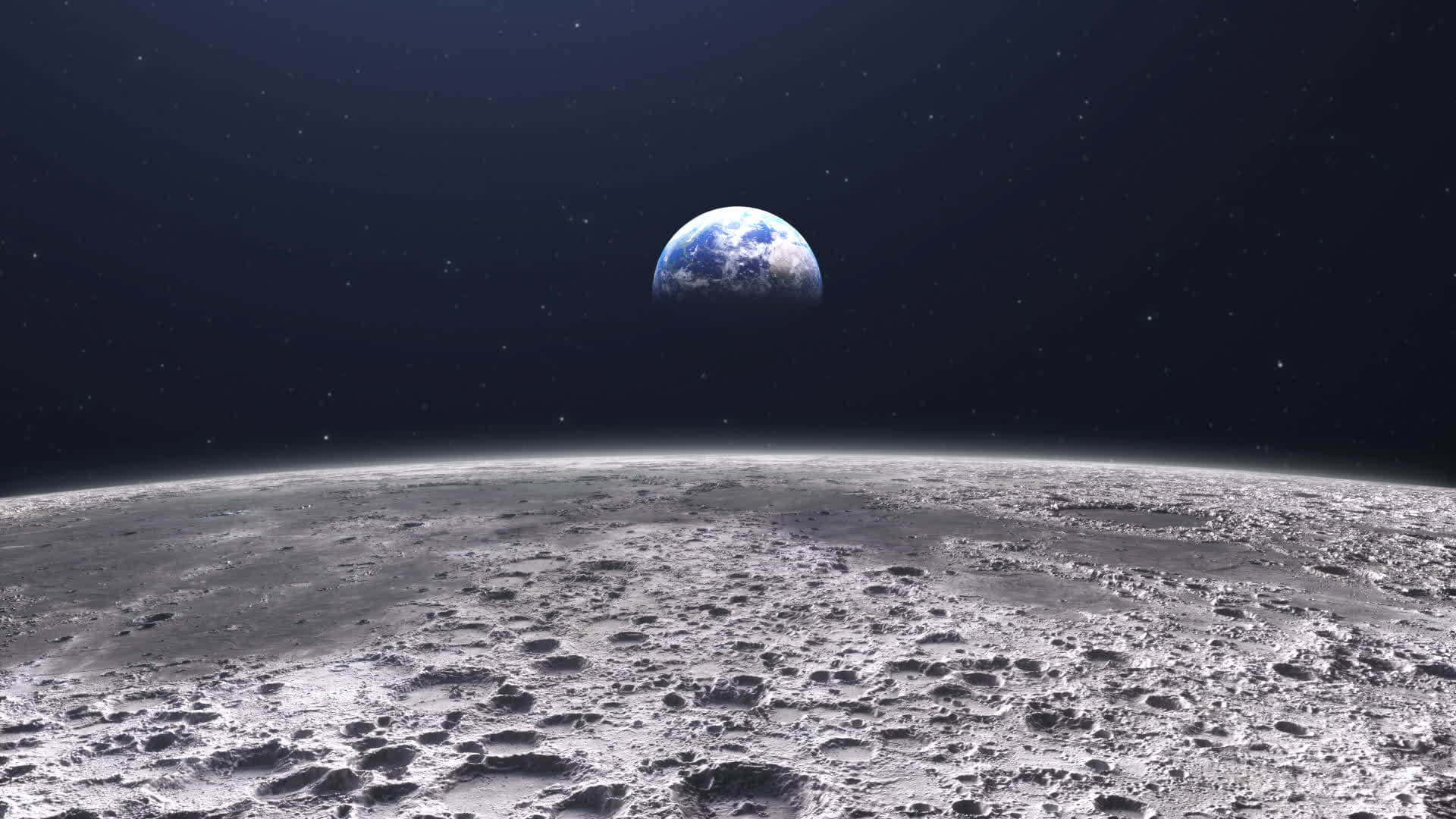 靜賞夜空月色 壁紙 — 地球在佈滿隕石坑的月球地平線上升起，背景是繁星點點的黑夜。